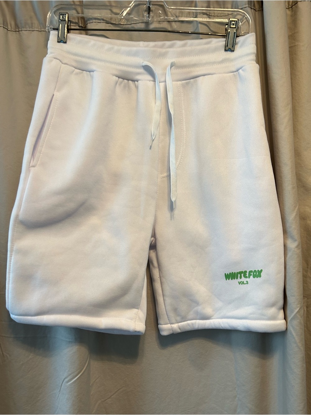 White Fox Men’s White Fleece Athletic Shorts with Green Logo